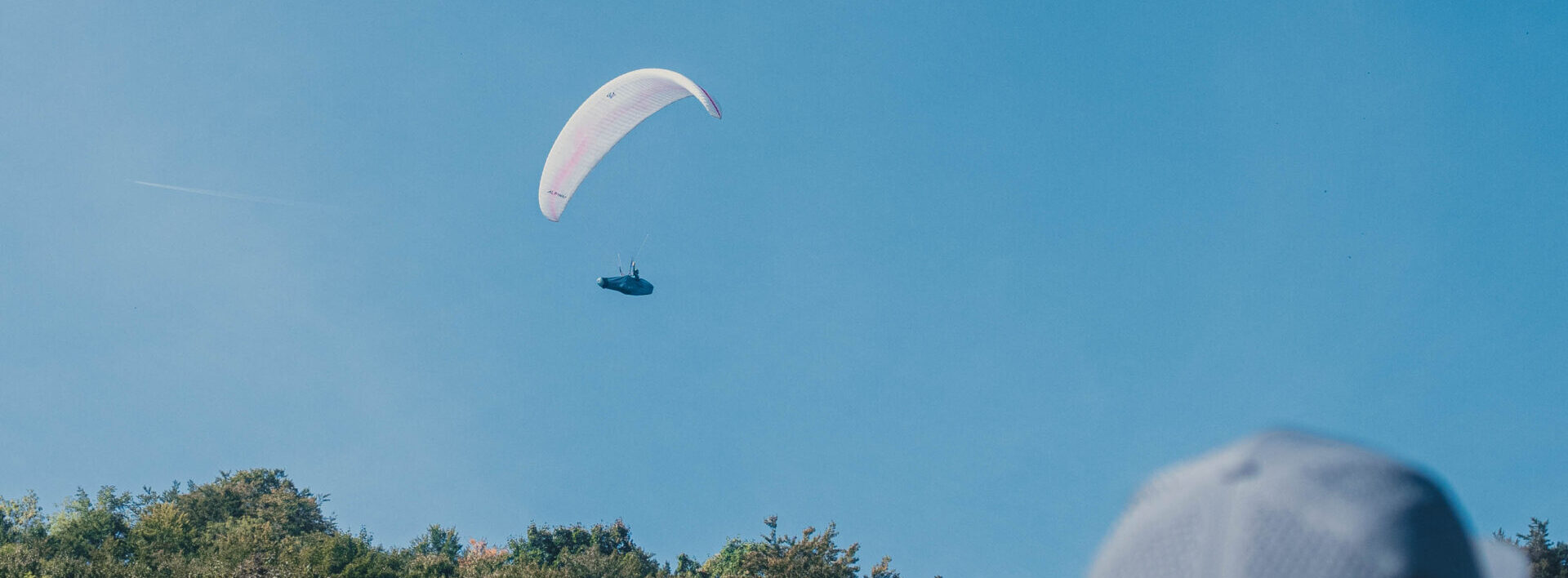 Gleitschirm vor blauem Himmel über einer Wiese